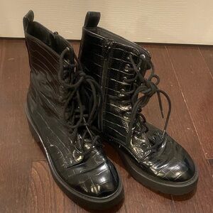 Black Crocodile-Embossed Combat Boots